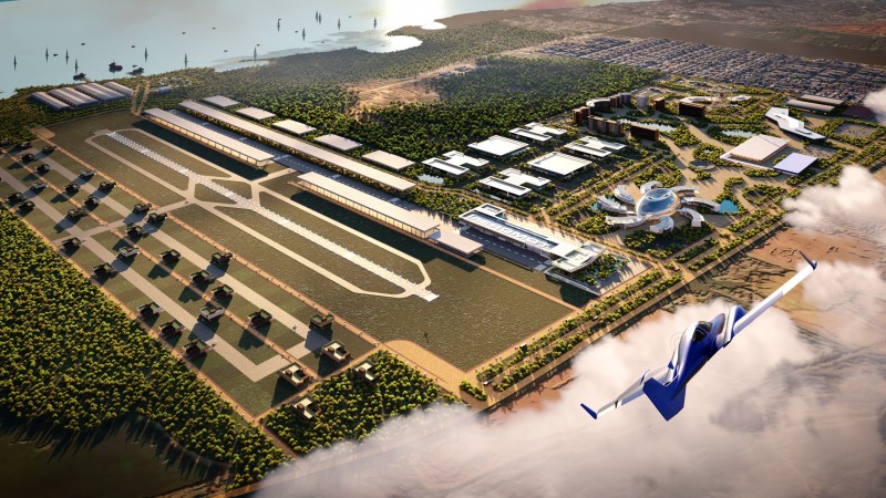 Imagem em 3D de projeto arquitetônico do complexo aeroportuário